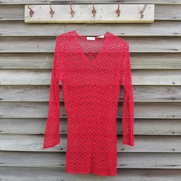 VTG 80s Red Crochet Long Sleeve Mini Dress - Picture 1 of 6